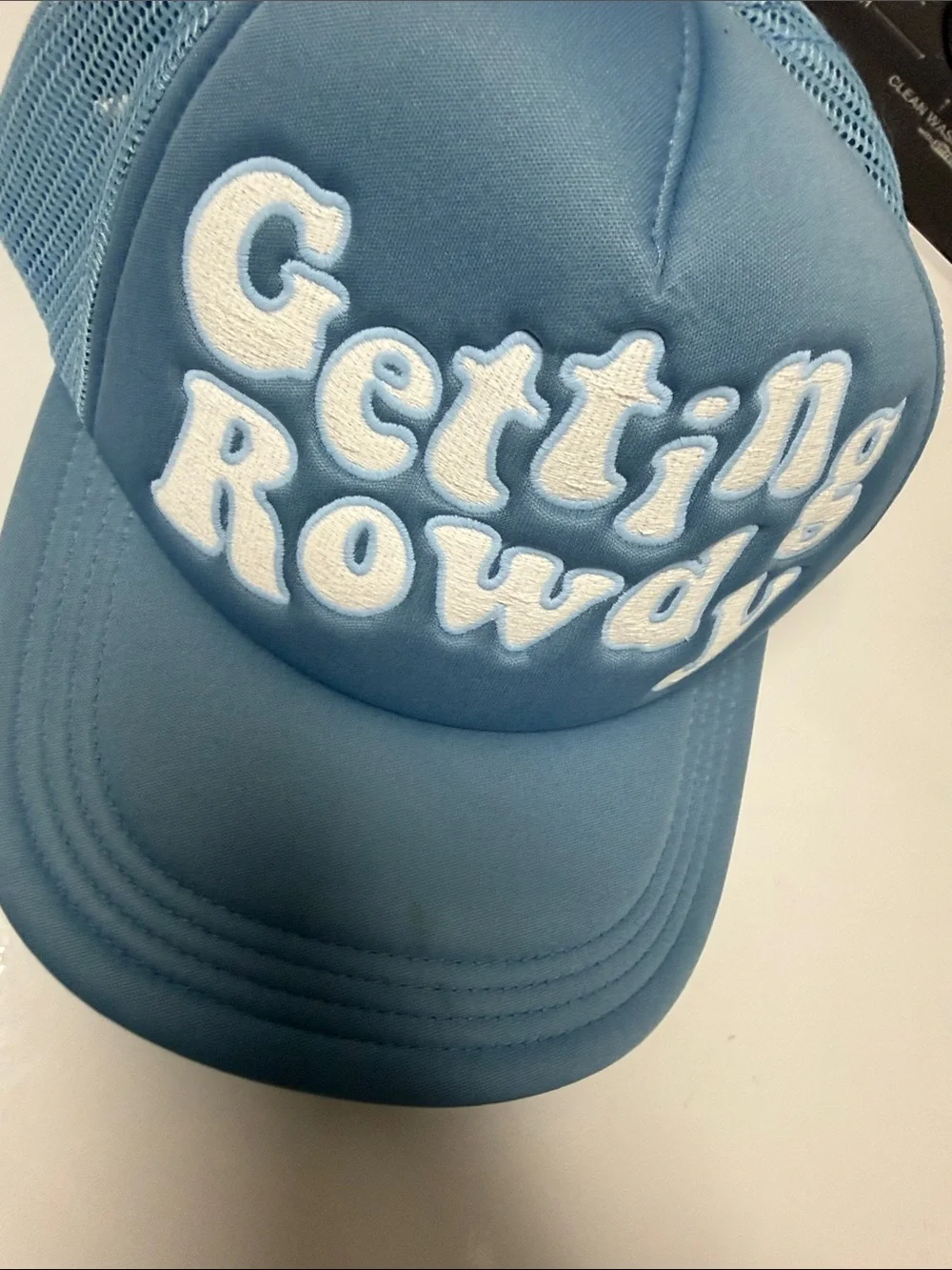Getting Rowdy Blue Trucker Hat with White Patch Lettering NEW - NEVER WORN
